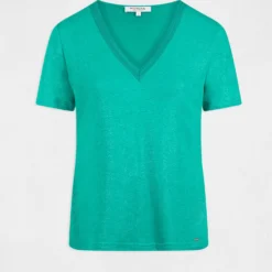 T-shirt Manches Courtes à Col En V Vert Moyen Femme -Morgandetoi Boutique t shirt manches courtes a col en v vert moyen femme vue3 32536300928670608