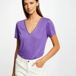 T-shirt Manches Courtes à Col En V Violet Femme