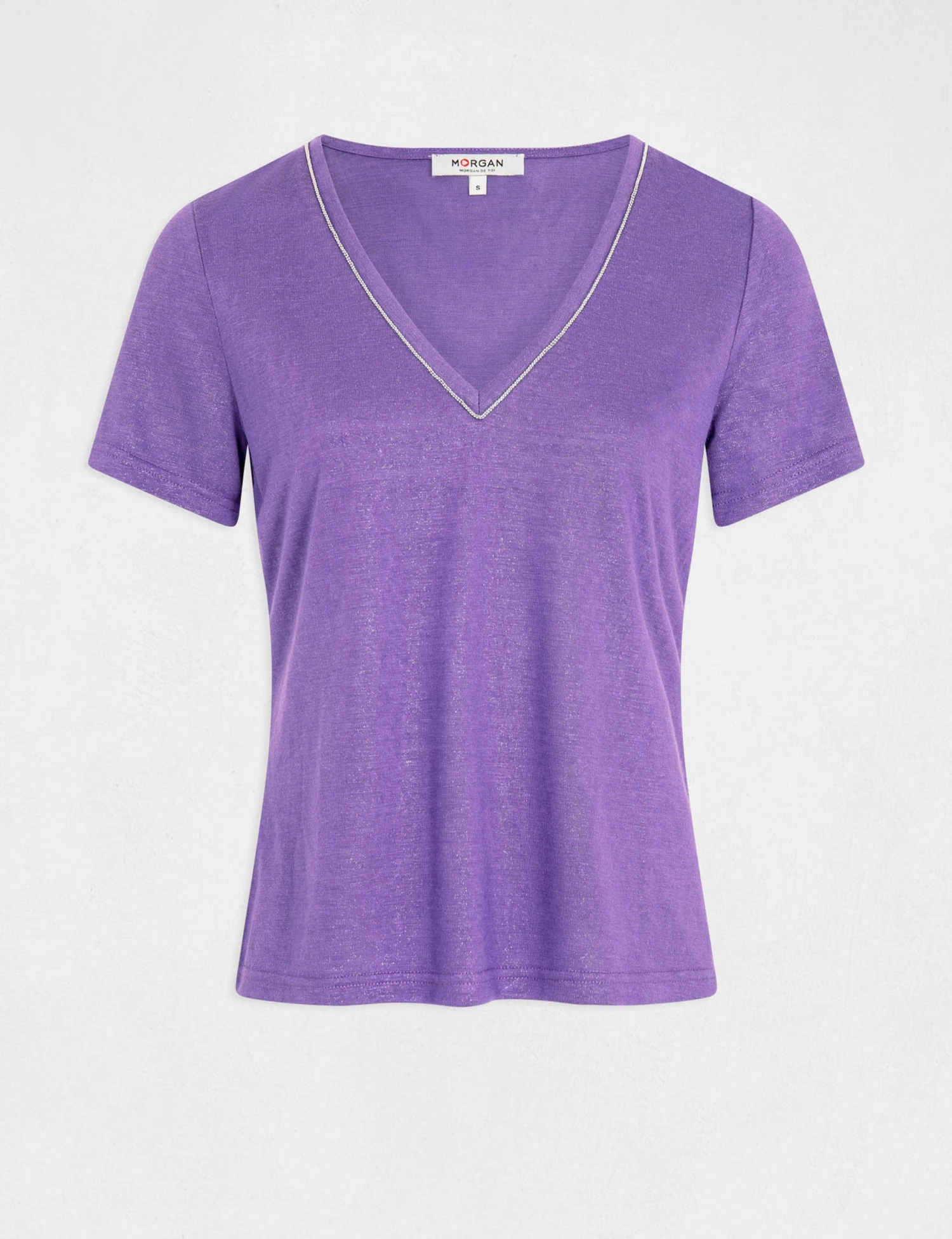T-shirt Manches Courtes à Col En V Violet Femme 4 T-shirt Manches Courtes à Col En V Violet Femme – Image 4