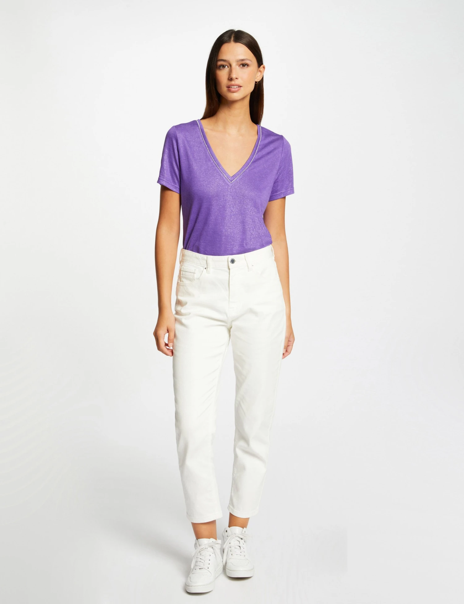 T-shirt Manches Courtes à Col En V Violet Femme 3 T-shirt Manches Courtes à Col En V Violet Femme – Image 3