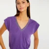 T-shirt Manches Courtes à Col En V Violet Fonce Femme
