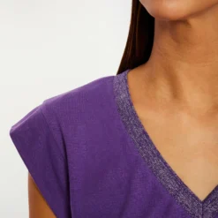 T-shirt Manches Courtes à Col En V Violet Fonce Femme -Morgandetoi Boutique t shirt manches courtes a col en v violet fonce femme vue4 32536300896410311
