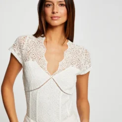 T-shirt Manches Courtes à Dentelle Ecru Femme