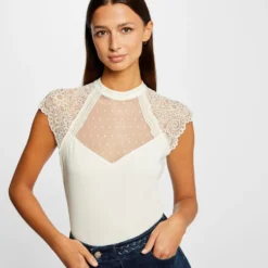 T-shirt Manches Courtes à Dentelle Ivoire Femme