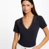 T-shirt Manches Courtes à Dentelle Marine Femme