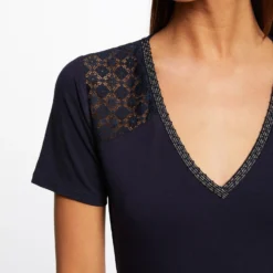 T-shirt Manches Courtes à Dentelle Marine Femme -Morgandetoi Boutique t shirt manches courtes a dentelle marine femme vue4 32536300928650301
