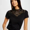 T-shirt Manches Courtes à Dentelle Noir Femme