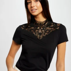 T-shirt Manches Courtes à Dentelle Noir Femme