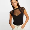 T-shirt Manches Courtes à Dentelle Noir Femme