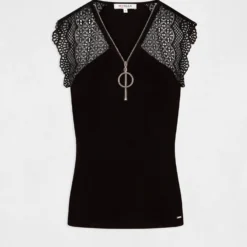 T-shirt Manches Courtes à Dentelle Noir Femme -Morgandetoi Boutique t shirt manches courtes a dentelle noir femme vue3 32536300901300100