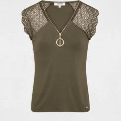 T-shirt Manches Courtes à Dentelle Vert Kaki Femme -Morgandetoi Boutique t shirt manches courtes a dentelle vert kaki femme vue3 32536300901300715