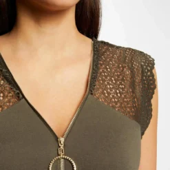 T-shirt Manches Courtes à Dentelle Vert Kaki Femme -Morgandetoi Boutique t shirt manches courtes a dentelle vert kaki femme vue4 32536300901300715