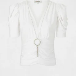 T-shirt Manches Courtes à Détail Bijou Ecru Femme -Morgandetoi Boutique t shirt manches courtes a detail bijou ecru femme vue3 32536300959200201