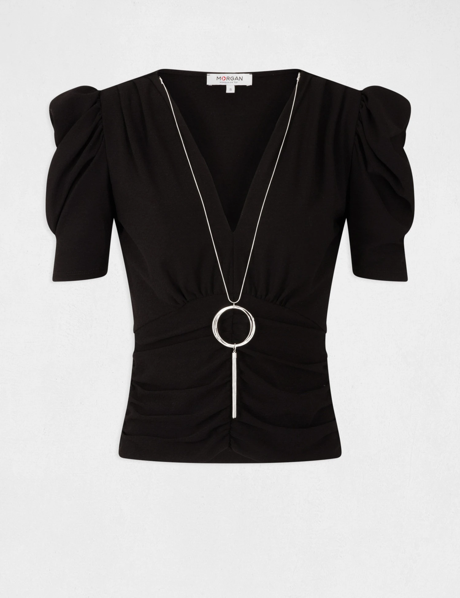 T-shirt Manches Courtes à Détail Bijou Noir Femme 4 T-shirt Manches Courtes à Détail Bijou Noir Femme – Image 4