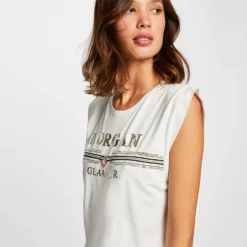 T-shirt Manches Courtes à Inscription Ecru Femme