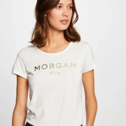 T-shirt Manches Courtes à Inscription Ecru Femme