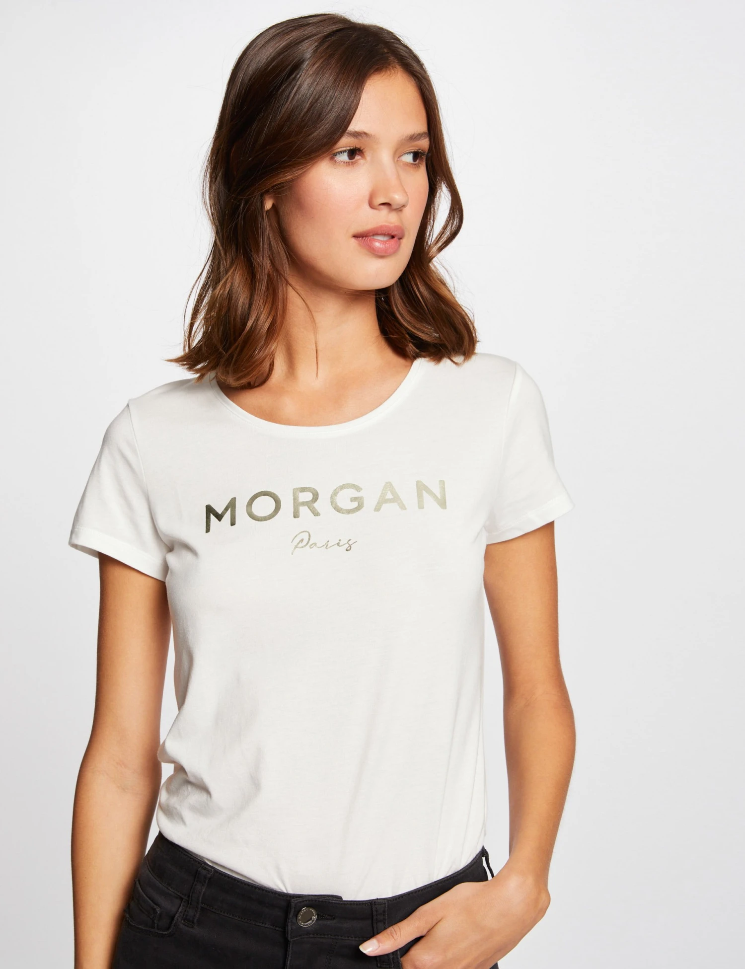 T-shirt Manches Courtes à Inscription Ecru Femme 1 T-shirt Manches Courtes à Inscription Ecru Femme