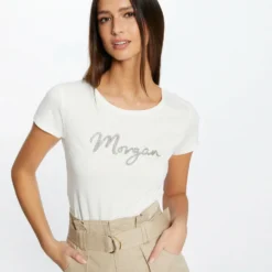 T-shirt Manches Courtes à Inscription Ecru Femme