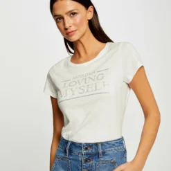 T-shirt Manches Courtes à Inscription Ecru Femme