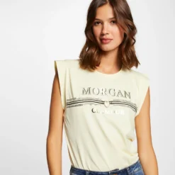 T-shirt Manches Courtes à Inscription Jaune Paille Femme