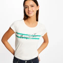 T-shirt Manches Courtes à Inscription Vert Moyen Femme