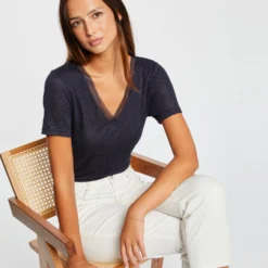 T-shirt Manches Courtes à Paillettes Marine Femme