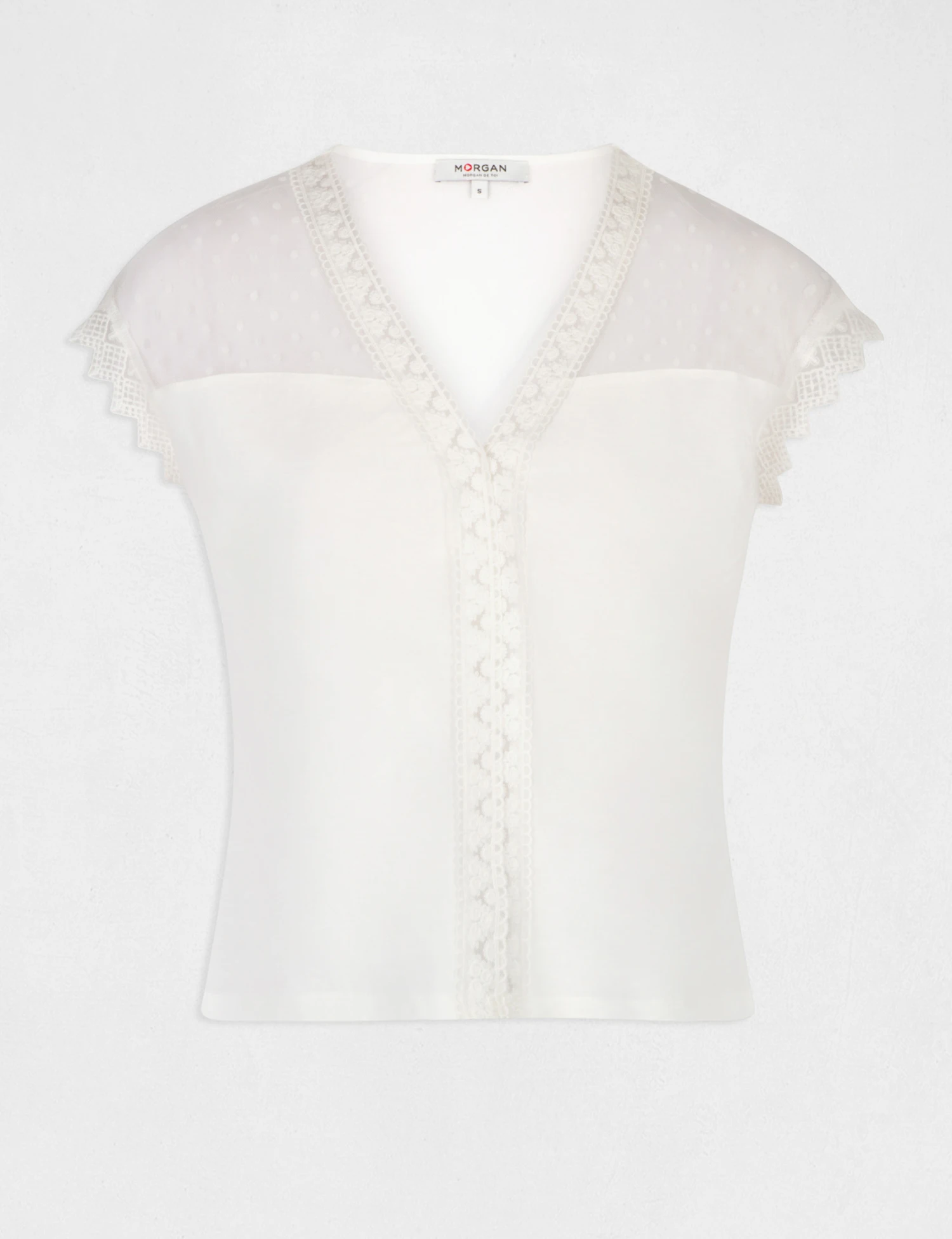 T-shirt Manches Courtes à Plumetis Ecru Femme 4 T-shirt Manches Courtes à Plumetis Ecru Femme – Image 4