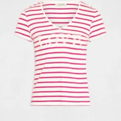 T-shirt Manches Courtes à Rayures Framboise Femme -Morgandetoi Boutique t shirt manches courtes a rayures framboise femme vue3 32536300965940502