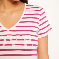 T-shirt Manches Courtes à Rayures Framboise Femme -Morgandetoi Boutique t shirt manches courtes a rayures framboise femme vue4 32536300965940502