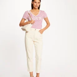 T-shirt Manches Courtes à Rayures Framboise Femme -Morgandetoi Boutique t shirt manches courtes a rayures framboise femme vue5 32536300965940502