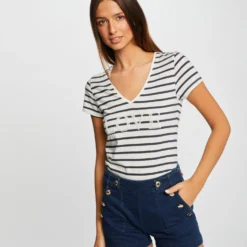 T-shirt Manches Courtes à Rayures Marine Femme