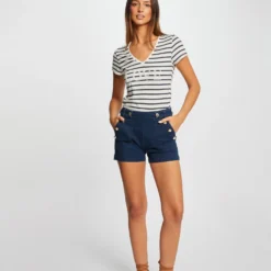T-shirt Manches Courtes à Rayures Marine Femme 7 T-shirt Manches Courtes à Rayures Marine Femme -Morgandetoi Boutique t shirt manches courtes a rayures marine femme vue5 32536300965940301
