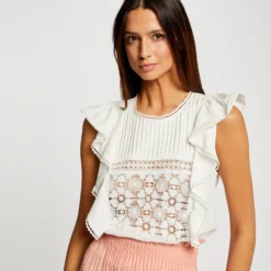 T-shirt Manches Courtes à Volants Ecru Femme