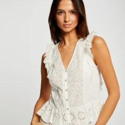 T-shirt Manches Courtes à Volants Ecru Femme