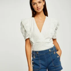 T-shirt Manches Courtes à Volants Ecru Femme