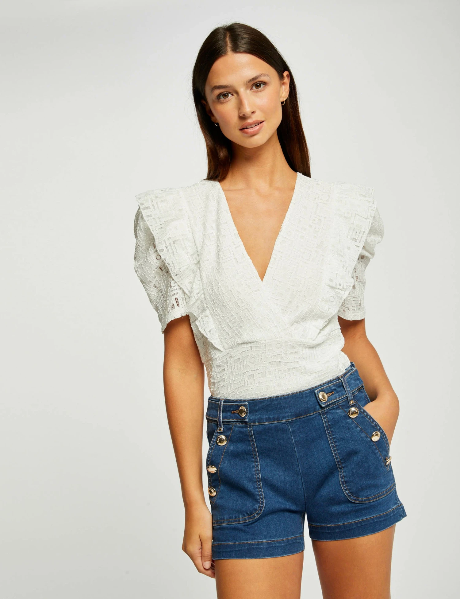 T-shirt Manches Courtes à Volants Ecru Femme 1 T-shirt Manches Courtes à Volants Ecru Femme