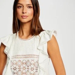 T-shirt Manches Courtes à Volants Ecru Femme -Morgandetoi Boutique t shirt manches courtes a volants ecru femme vue4 32536300939200201