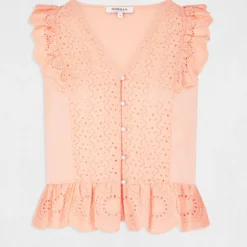 T-shirt Manches Courtes à Volants Rose Moyen Femme -Morgandetoi Boutique t shirt manches courtes a volants rose moyen femme vue3 32536300939210514