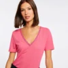 T-shirt Manches Courtes Avec Col En V Fuchsia Femme