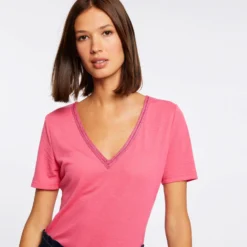 T-shirt Manches Courtes Avec Col En V Fuchsia Femme
