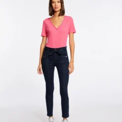 T-shirt Manches Courtes Avec Col En V Fuchsia Femme -Morgandetoi Boutique t shirt manches courtes avec col en v fuchsia femme vue5 32536300924110506