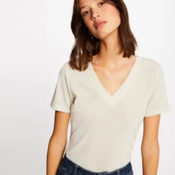 T-shirt Manches Courtes Avec Col En V Ivoire Femme