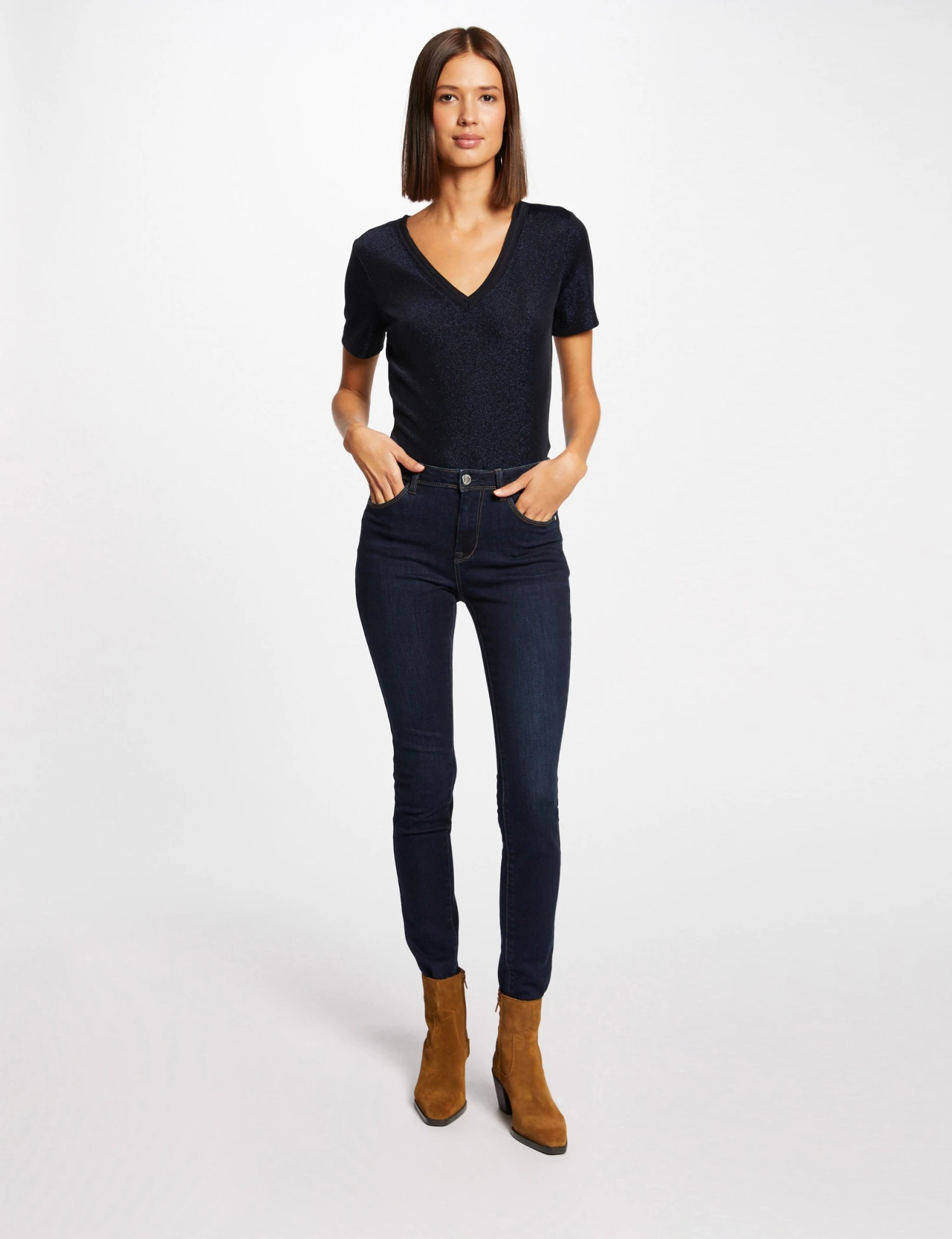 T-shirt Manches Courtes Avec Col En V Marine Femme 3 T-shirt Manches Courtes Avec Col En V Marine Femme – Image 3