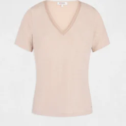 T-shirt Manches Courtes Avec Col En V Rose Femme -Morgandetoi Boutique t shirt manches courtes avec col en v rose femme vue3 32536300868200503