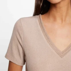 T-shirt Manches Courtes Avec Col En V Rose Femme -Morgandetoi Boutique t shirt manches courtes avec col en v rose femme vue4 32536300868200503