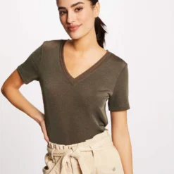 T-shirt Manches Courtes Avec Col En V Taupe Femme