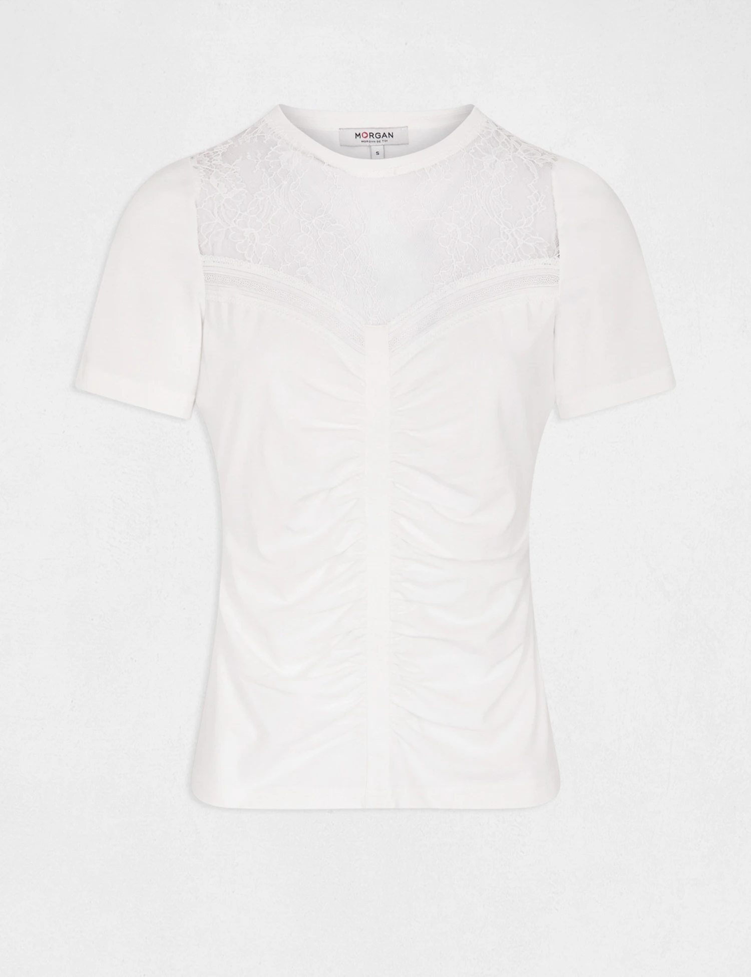 T-shirt Manches Courtes Avec Dentelle Ecru Femme 4 T-shirt Manches Courtes Avec Dentelle Ecru Femme – Image 4