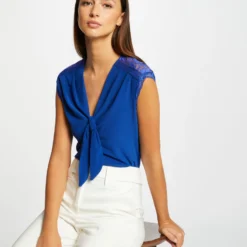 T-shirt Manches Courtes Avec Noeud Bleu Electrique Femme