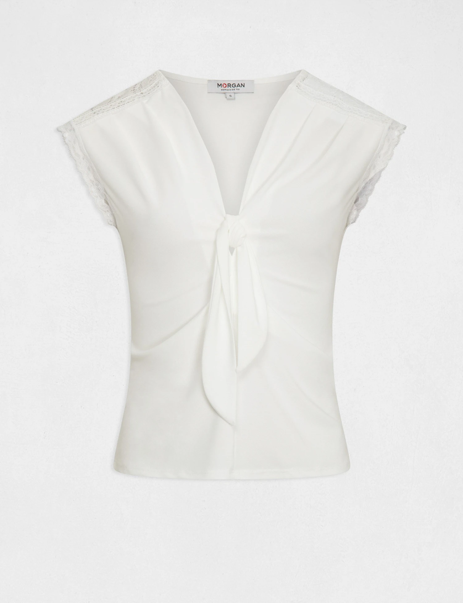 T-shirt Manches Courtes Avec Noeud Ecru Femme 4 T-shirt Manches Courtes Avec Noeud Ecru Femme – Image 4