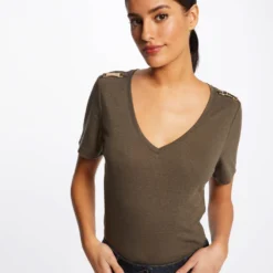 T-shirt Manches Courtes Avec Ornements Vert Kaki Femme